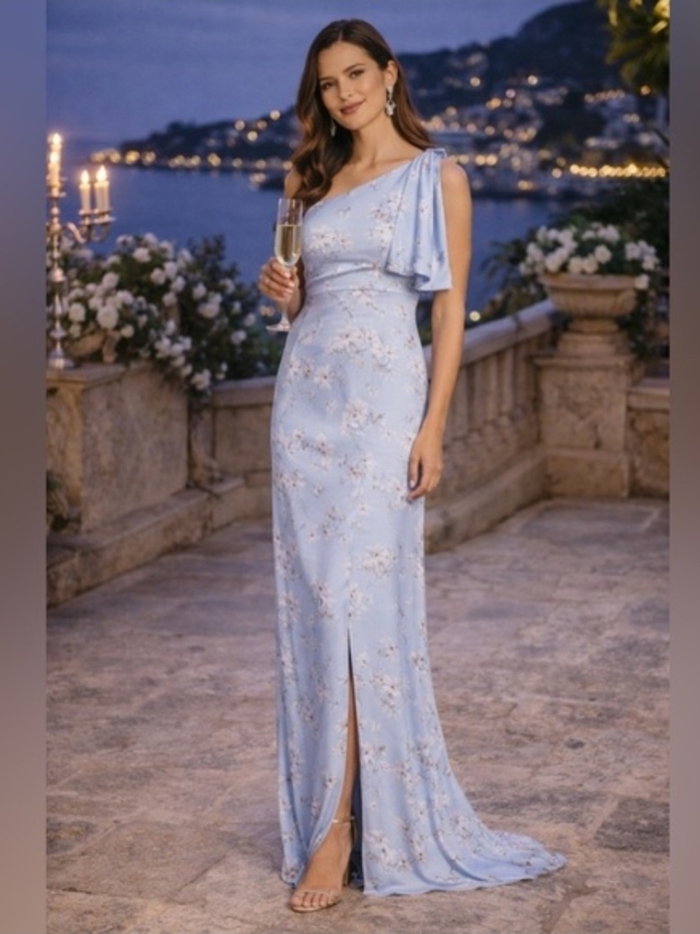 Sachin + Babi Powder Blue Floral One-Shoulder Gown